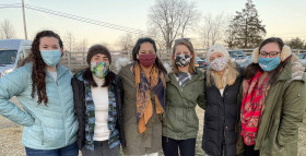 Photo [6 females standing together]: Interns celebrate their match with support from their cohort-mates in the program. From L to R: Corinne Carlton, Alyssa Gatto, Angela Dahiya, Jennifer Bertolli, Tyler McFayden, and Ligia Antezana. 